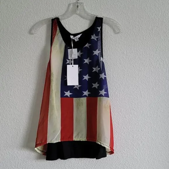 USA Tank Top American Flag Sleeveless High Low Hem Size Small Black - Picture 1 of 9